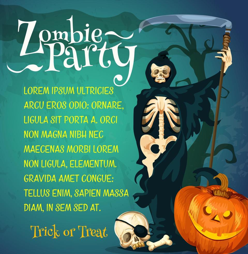 cartaz de festa de zumbi de halloween com esqueleto vetor