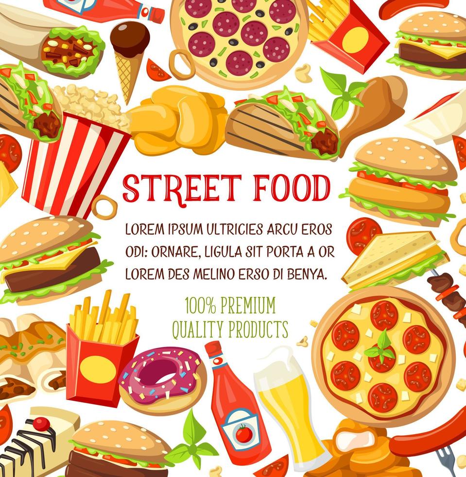 cartaz de menu de lanches de refeições de comida de rua vetorial vetor