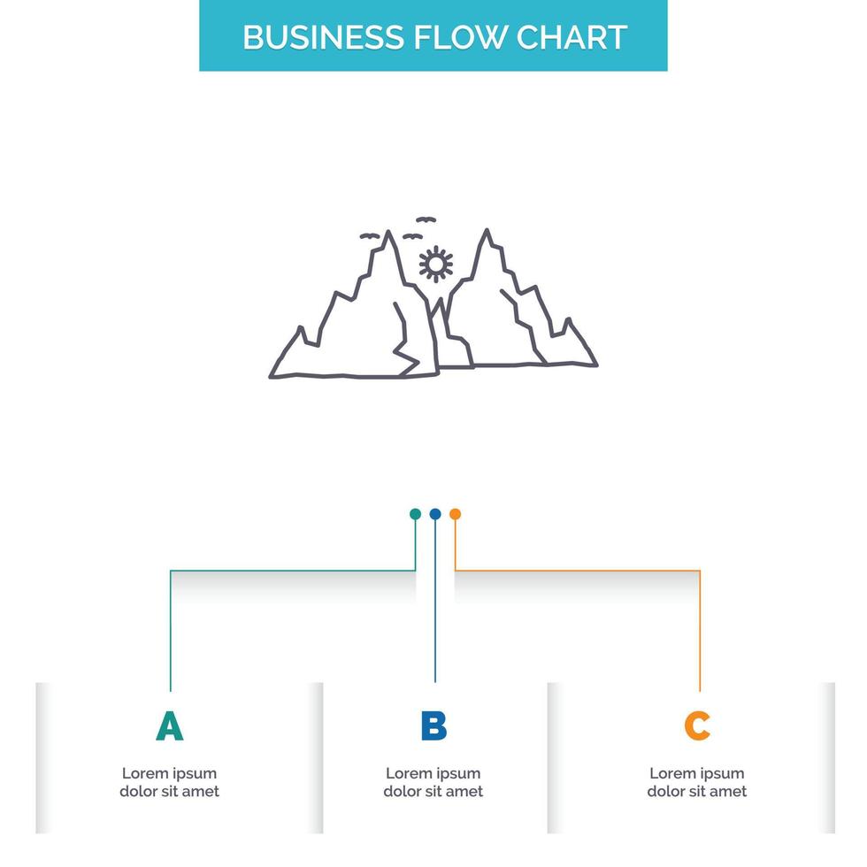 montanha. paisagem. colina. natureza. design de fluxograma de negócios do sol com 3 etapas. ícone de linha para modelo de plano de fundo de apresentação lugar para texto vetor