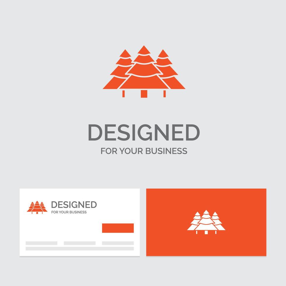 modelo de logotipo de negócios para floresta. acampamento. selva. árvore. pinheiros. cartões de visita laranja com modelo de logotipo da marca. vetor