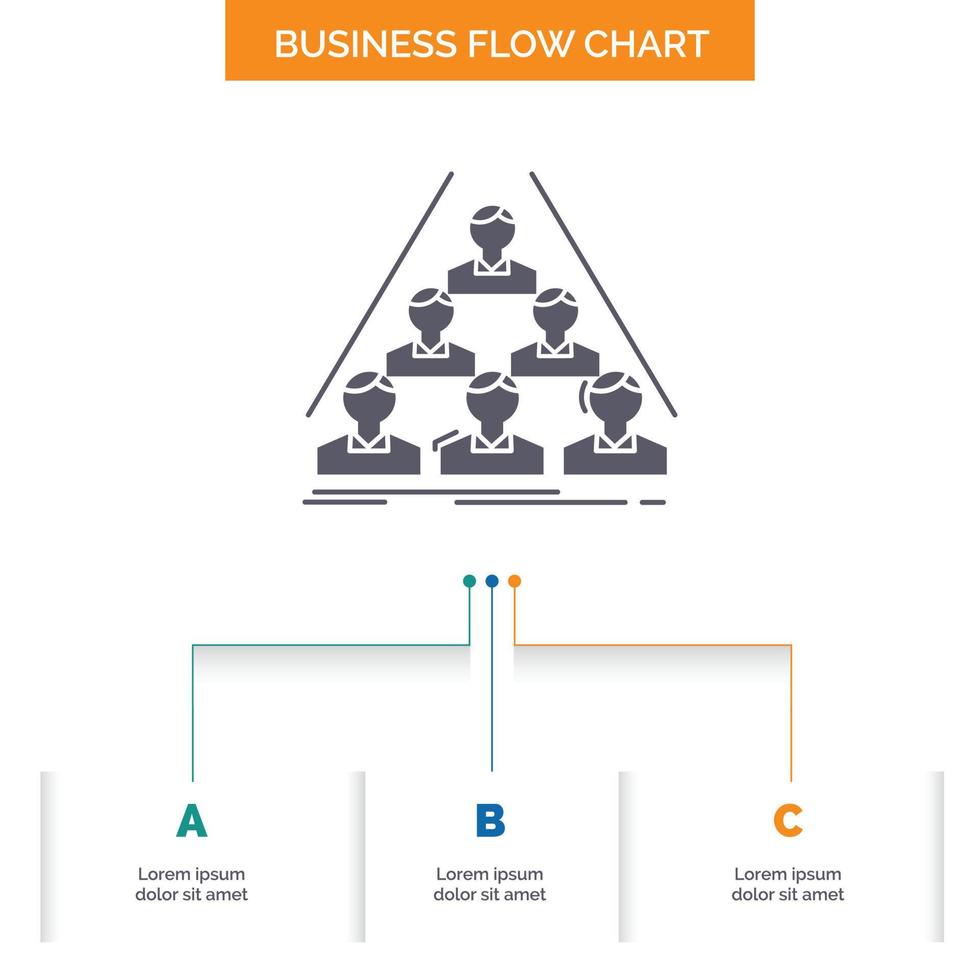 equipe. construir. estrutura. o negócio. reunião de design de fluxograma de negócios com 3 etapas. ícone de glifo para lugar de modelo de plano de fundo de apresentação para texto. vetor