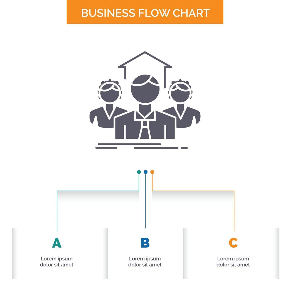 equipe. o negócio. trabalho em equipe. grupo. reunião de design de fluxograma de negócios com 3 etapas. ícone de glifo para lugar de modelo de plano de fundo de apresentação para texto. vetor