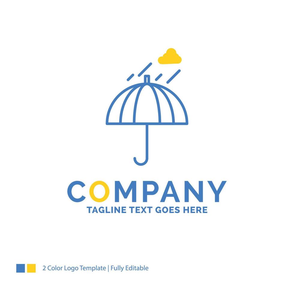 guarda-chuva. acampamento. chuva. segurança. modelo de logotipo de negócios amarelo azul do tempo. lugar de modelo de design criativo para slogan. vetor