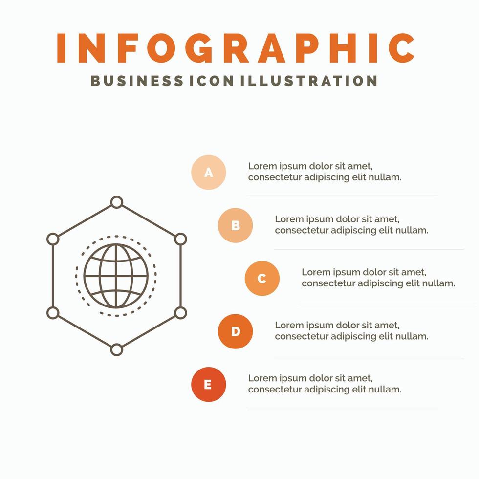 rede. global. dados. conexão. modelo de infográficos de negócios para site e apresentação. ícone de linha cinza com ilustração vetorial de estilo infográfico laranja vetor