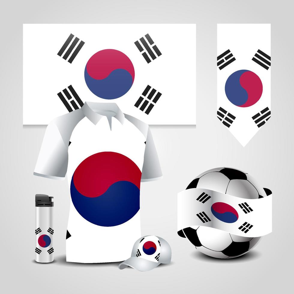 lugar da bandeira do país da coreia do sul na camiseta. isqueiro. bola de futebol. chapéu de futebol e esportes vetor