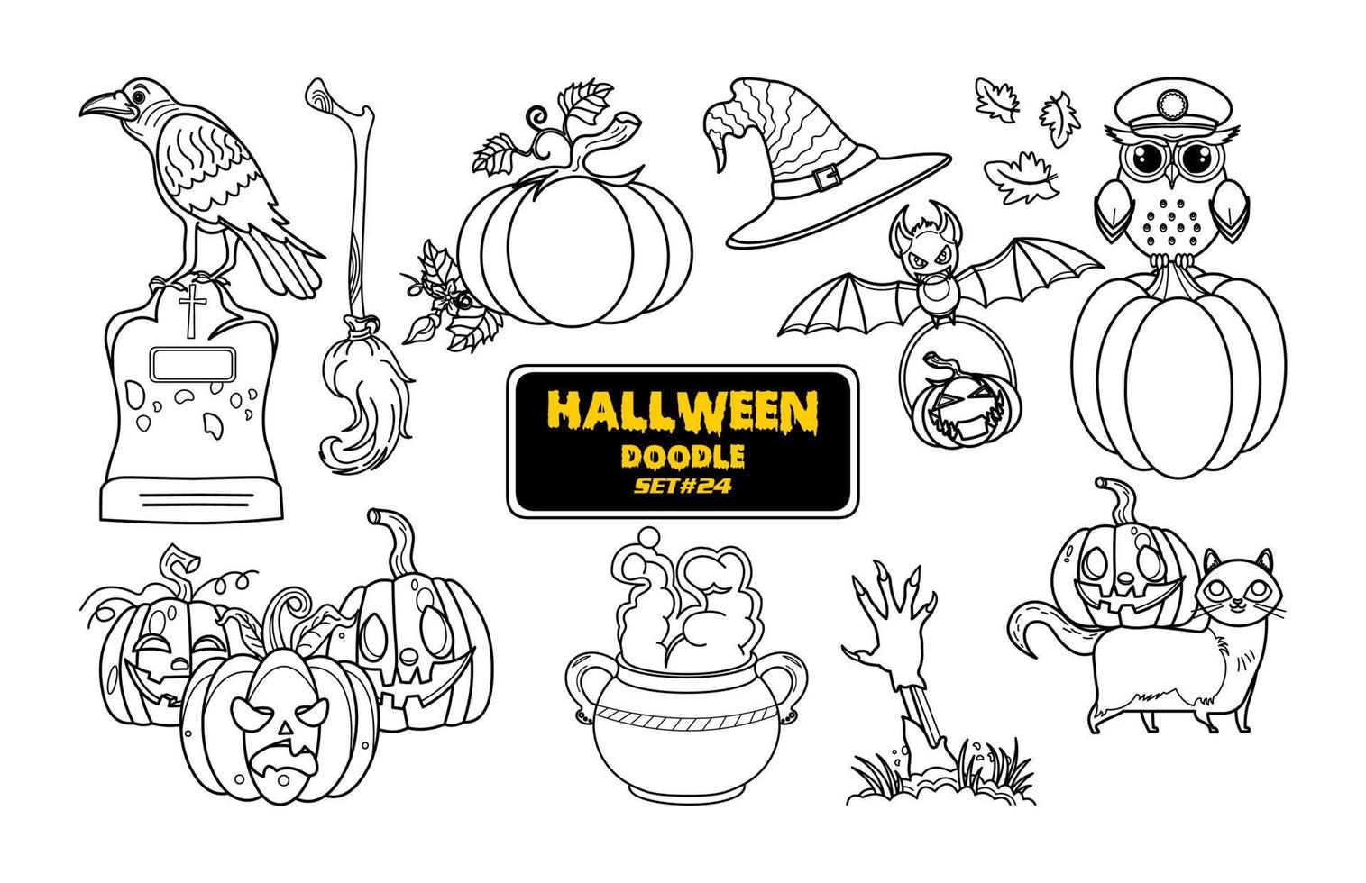 doodle desenhado de mão de halloween. lindo conjunto de carimbo digital de halloween. vetor