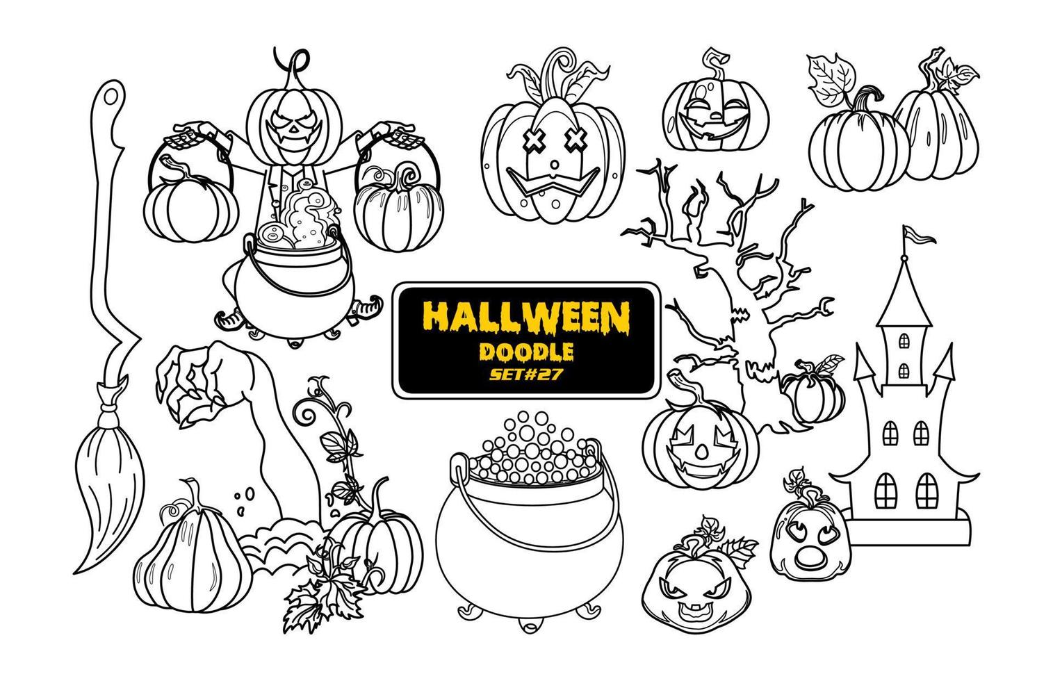 doodle desenhado de mão de halloween. lindo conjunto de carimbo digital de halloween. vetor