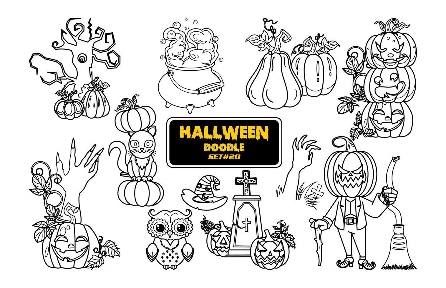 doodle desenhado de mão de halloween. lindo conjunto de carimbo digital de halloween. vetor