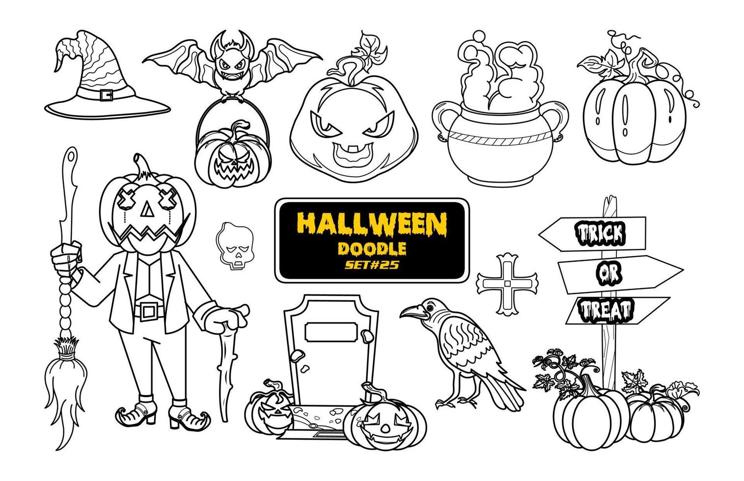 doodle desenhado de mão de halloween. lindo conjunto de carimbo digital de halloween. vetor