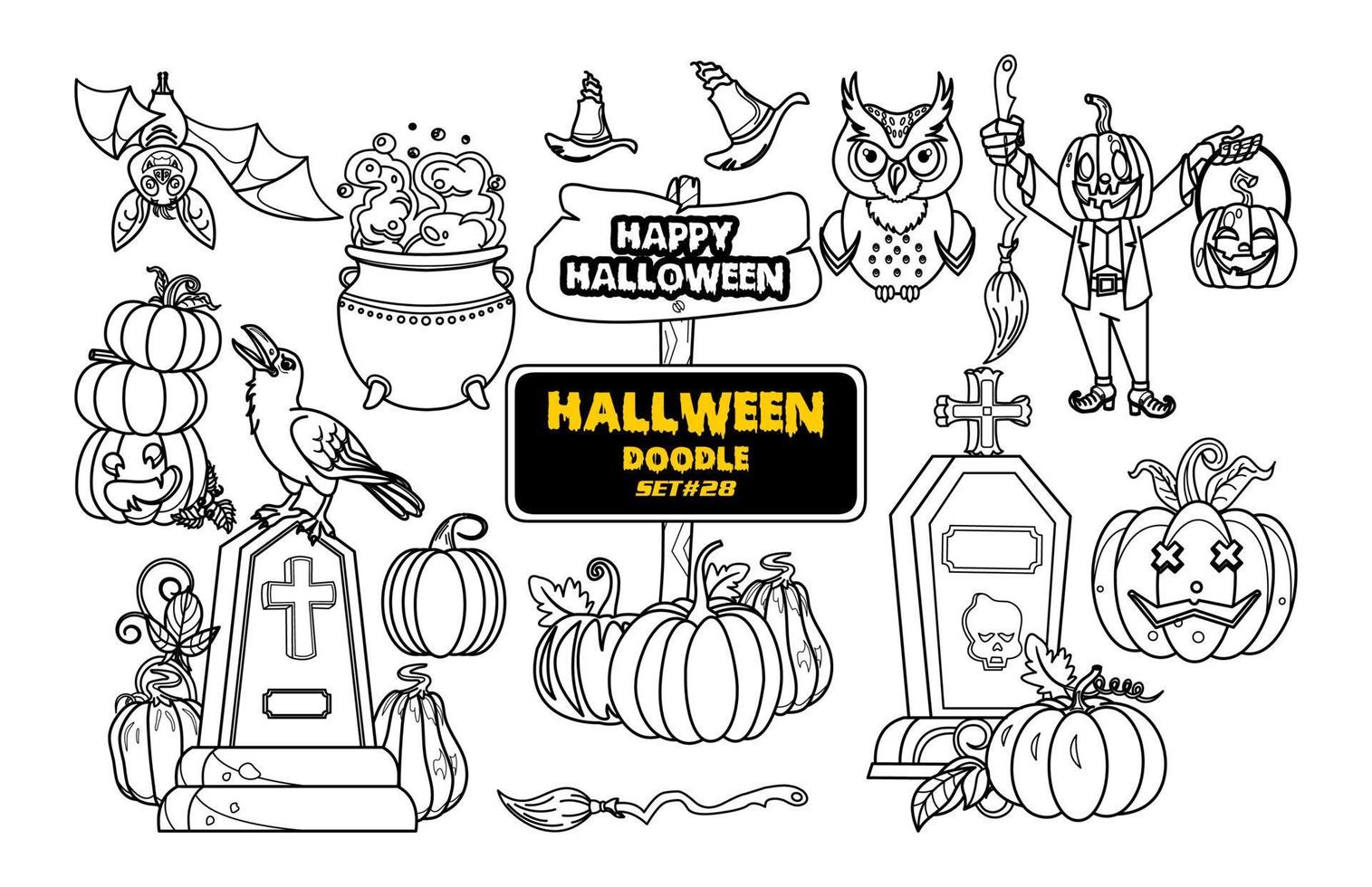 doodle desenhado de mão de halloween. lindo conjunto de carimbo digital de halloween. vetor