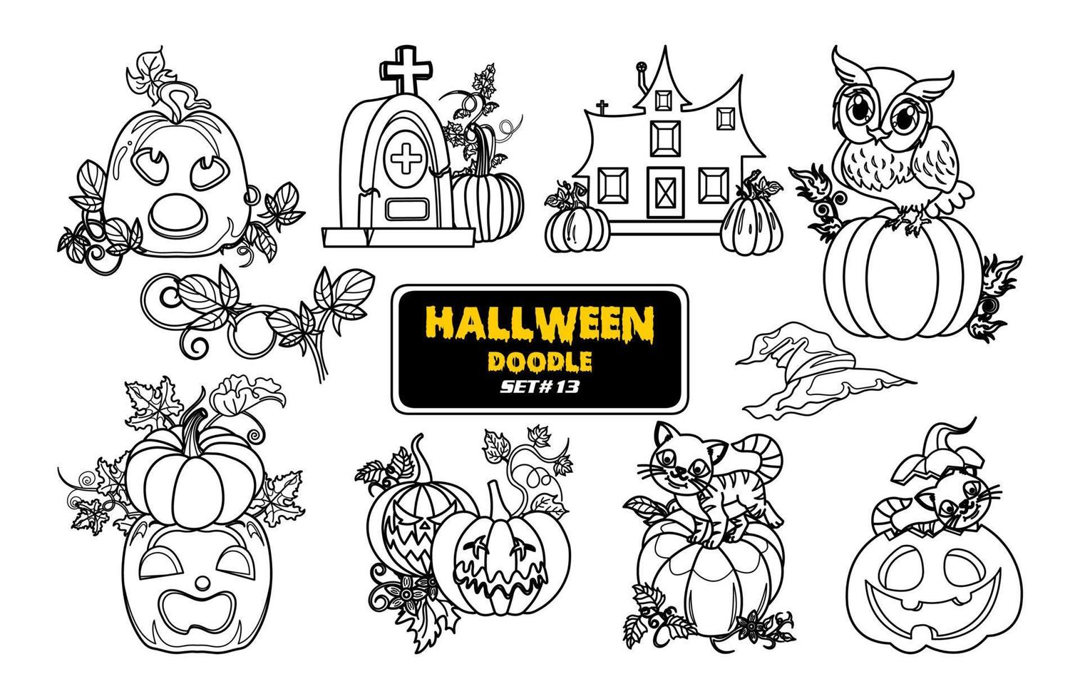 doodle desenhado de mão de halloween. lindo conjunto de carimbo digital de halloween. vetor