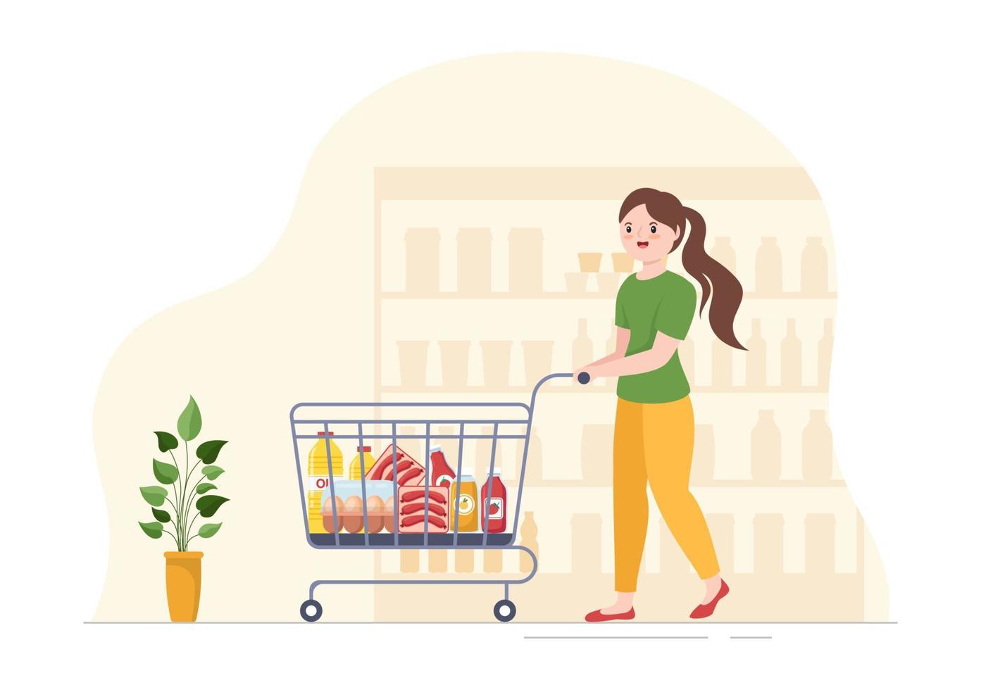 mercearia ou supermercado com prateleiras de produtos alimentares, laticínios, frutas e bebidas para fazer compras em ilustração de modelos desenhados à mão de desenhos animados planos vetor