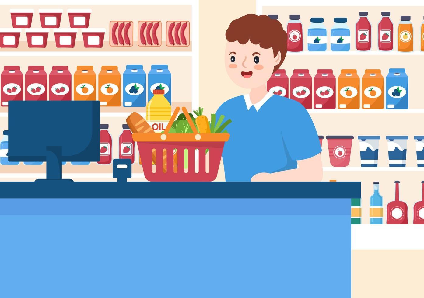 mercearia ou supermercado com prateleiras de produtos alimentares, laticínios, frutas e bebidas para fazer compras em ilustração de modelos desenhados à mão de desenhos animados planos vetor