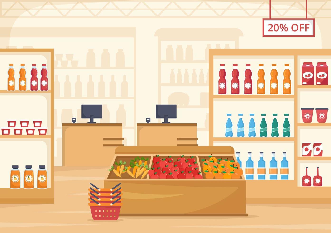 mercearia ou supermercado com prateleiras de produtos alimentares, laticínios, frutas e bebidas para fazer compras em ilustração de modelos desenhados à mão de desenhos animados planos vetor