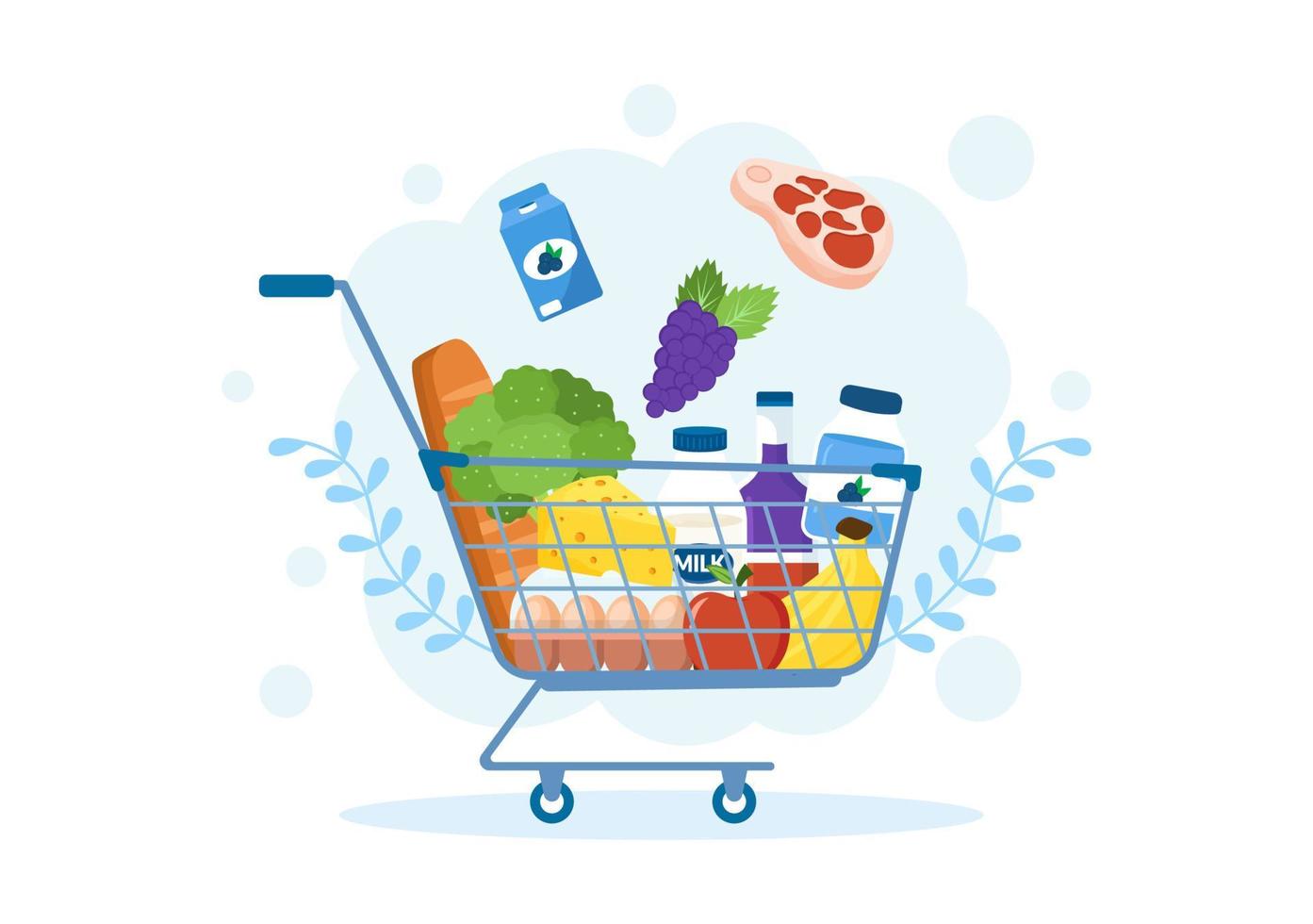 mercearia ou supermercado com prateleiras de produtos alimentares, laticínios, frutas e bebidas para fazer compras em ilustração de modelos desenhados à mão de desenhos animados planos vetor