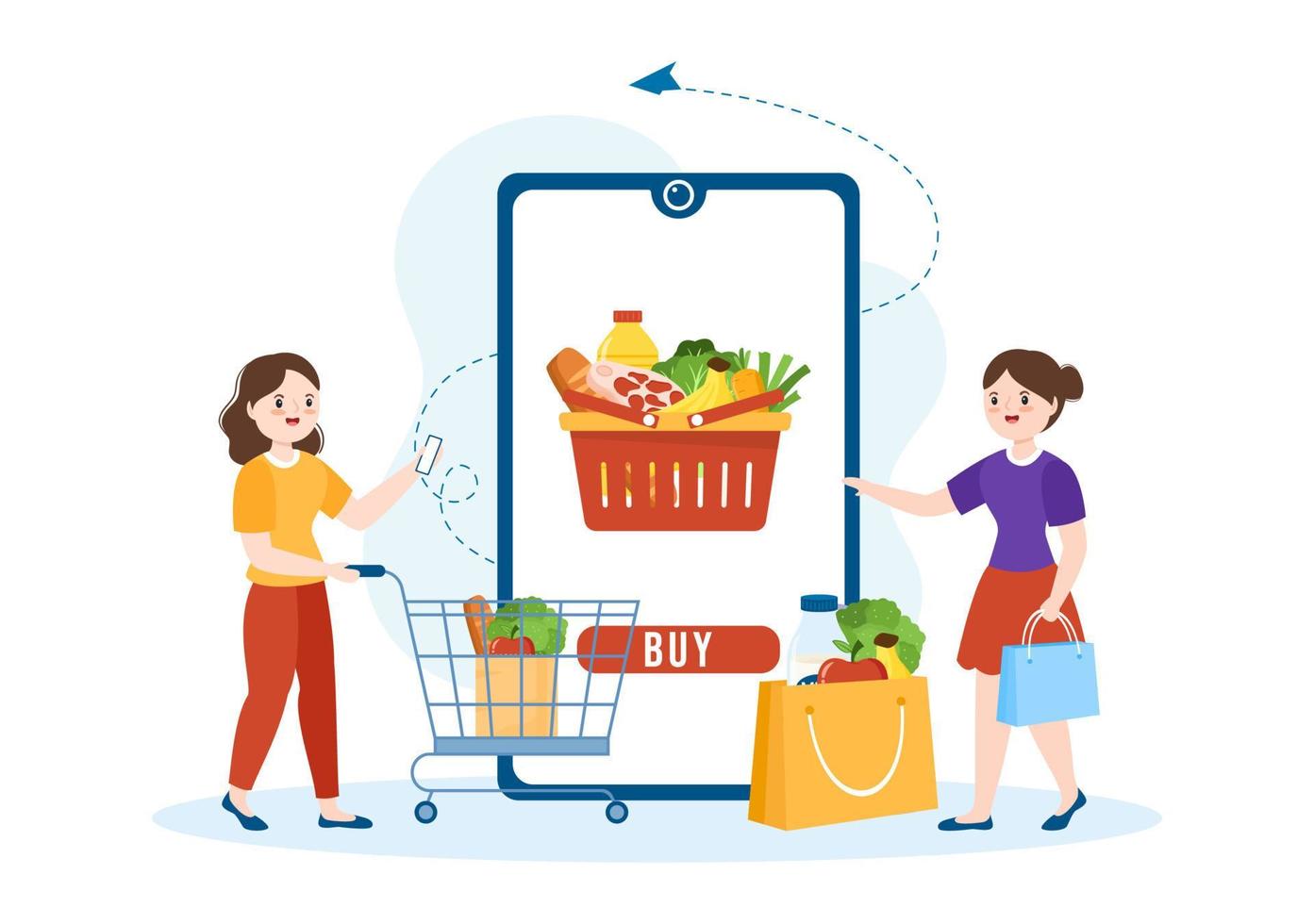 mercearia ou supermercado on-line para encomendar necessidades diárias ou alimentos através do aplicativo em ilustração de modelos desenhados à mão de desenhos animados planos vetor