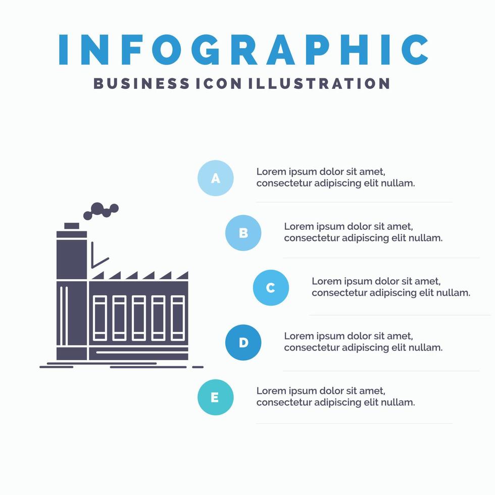 fábrica. industrial. indústria. fabricação. modelo de infográficos de produção para site e apresentação. ícone de glifo cinza com ilustração em vetor estilo infográfico azul.