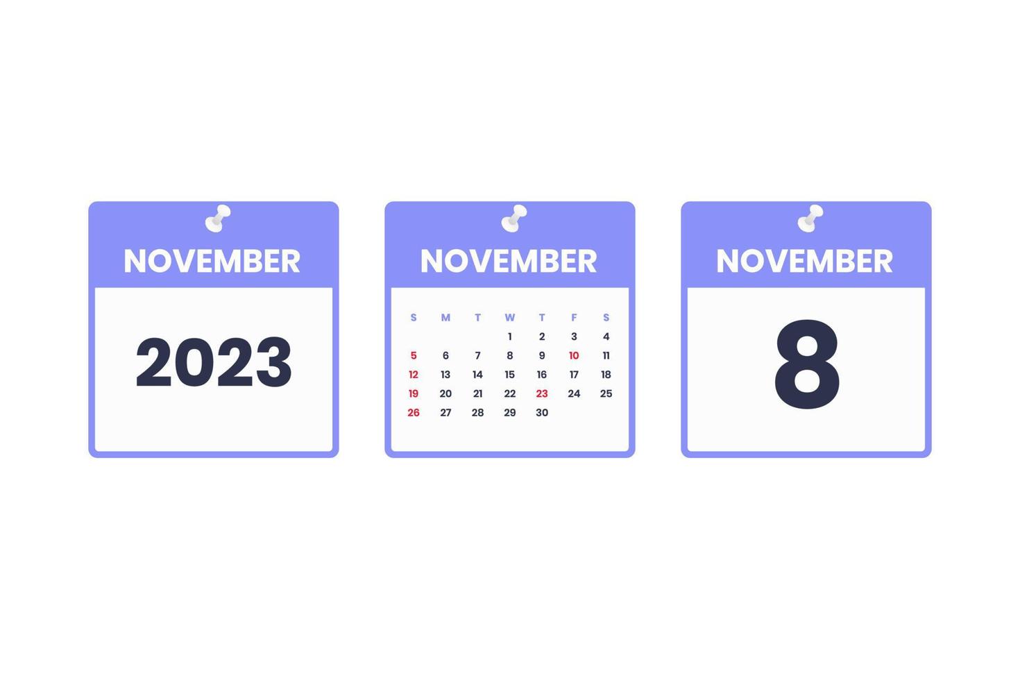 design de calendário de novembro. ícone de calendário de 8 de novembro de 2023 para agendamento, compromisso, conceito de data importante vetor