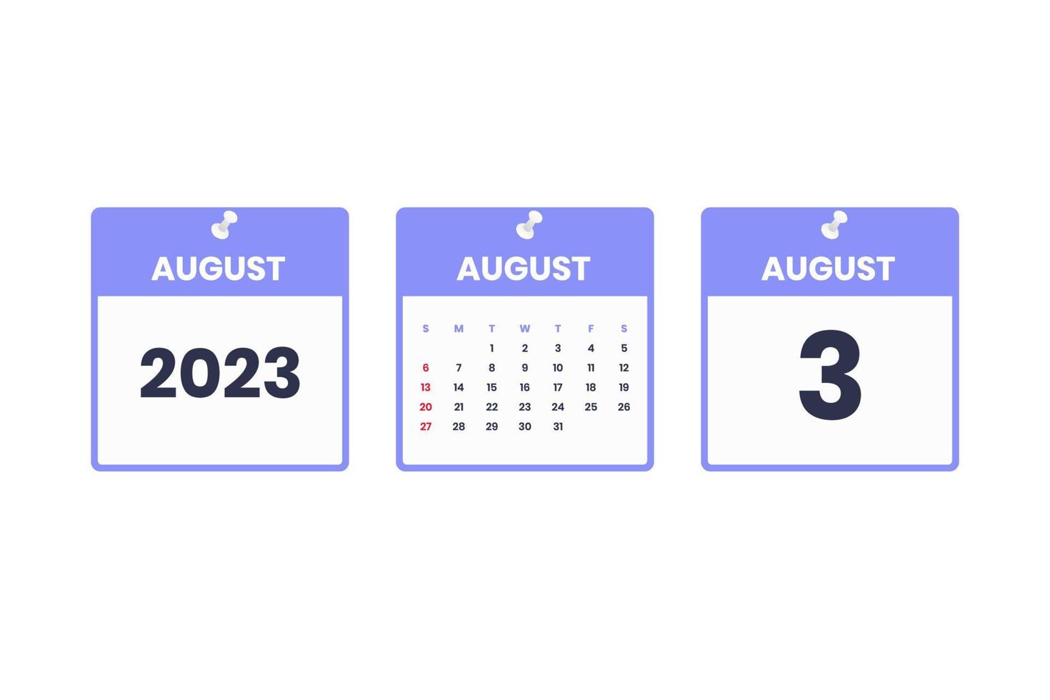 design de calendário de agosto. ícone de calendário de 3 de agosto de 2023 para agendamento, compromisso, conceito de data importante vetor