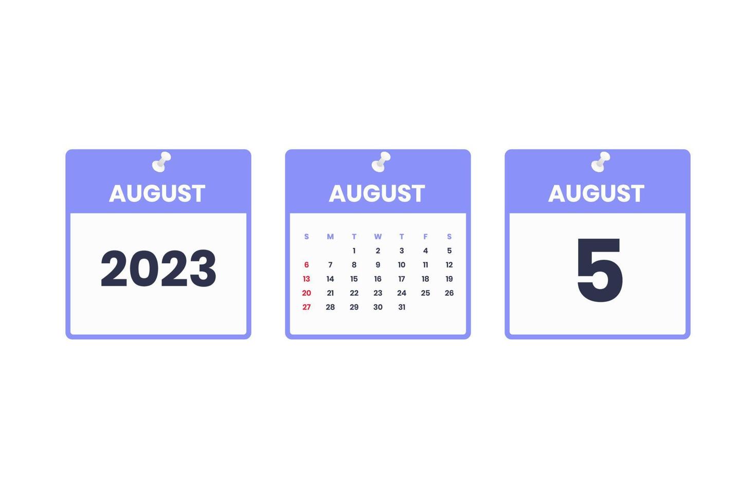 design de calendário de agosto. ícone de calendário de 5 de agosto de 2023 para agendamento, compromisso, conceito de data importante vetor