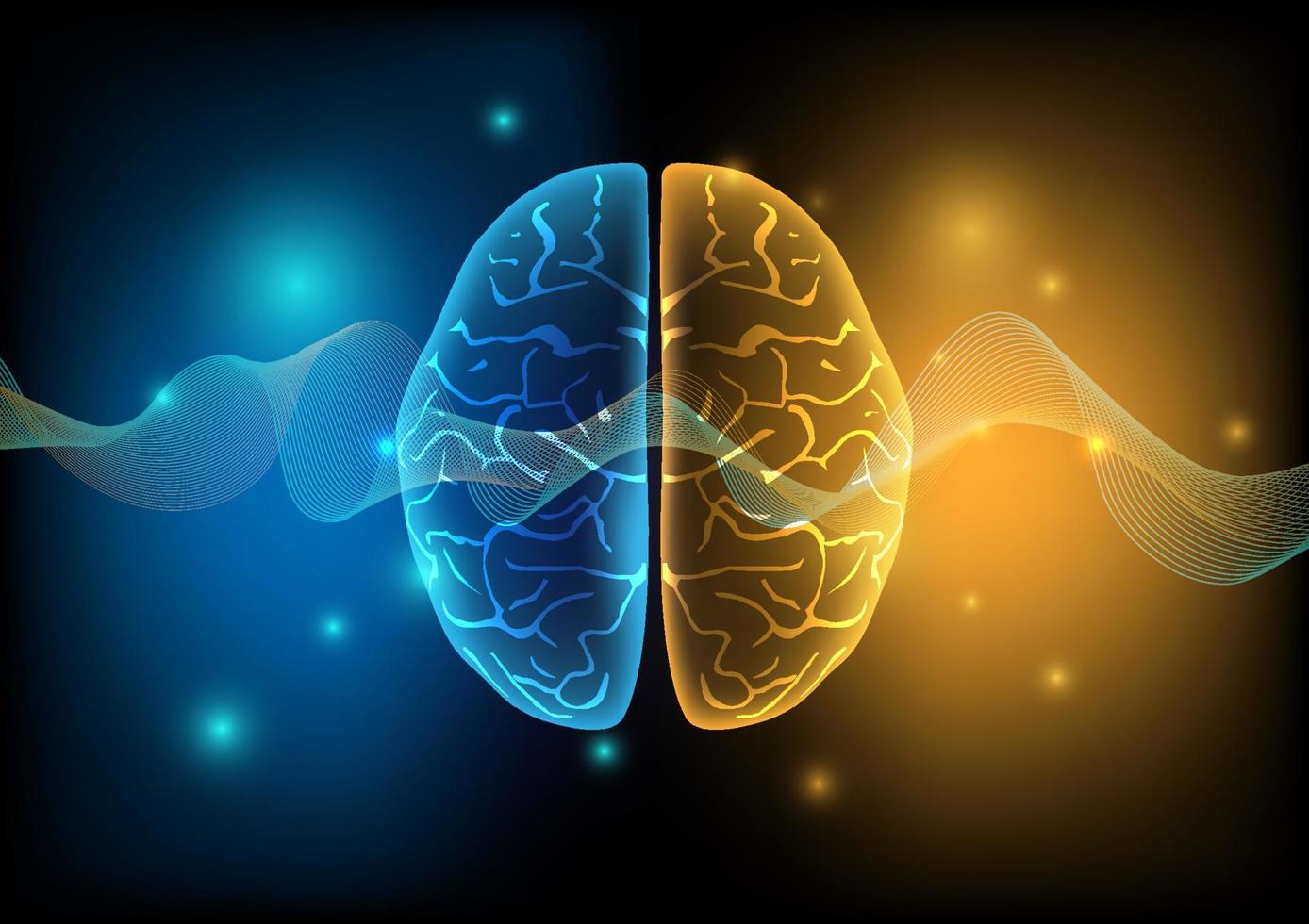 ilustração do cérebro humano e ondas cerebrais em fundo de tecnologia. vetor