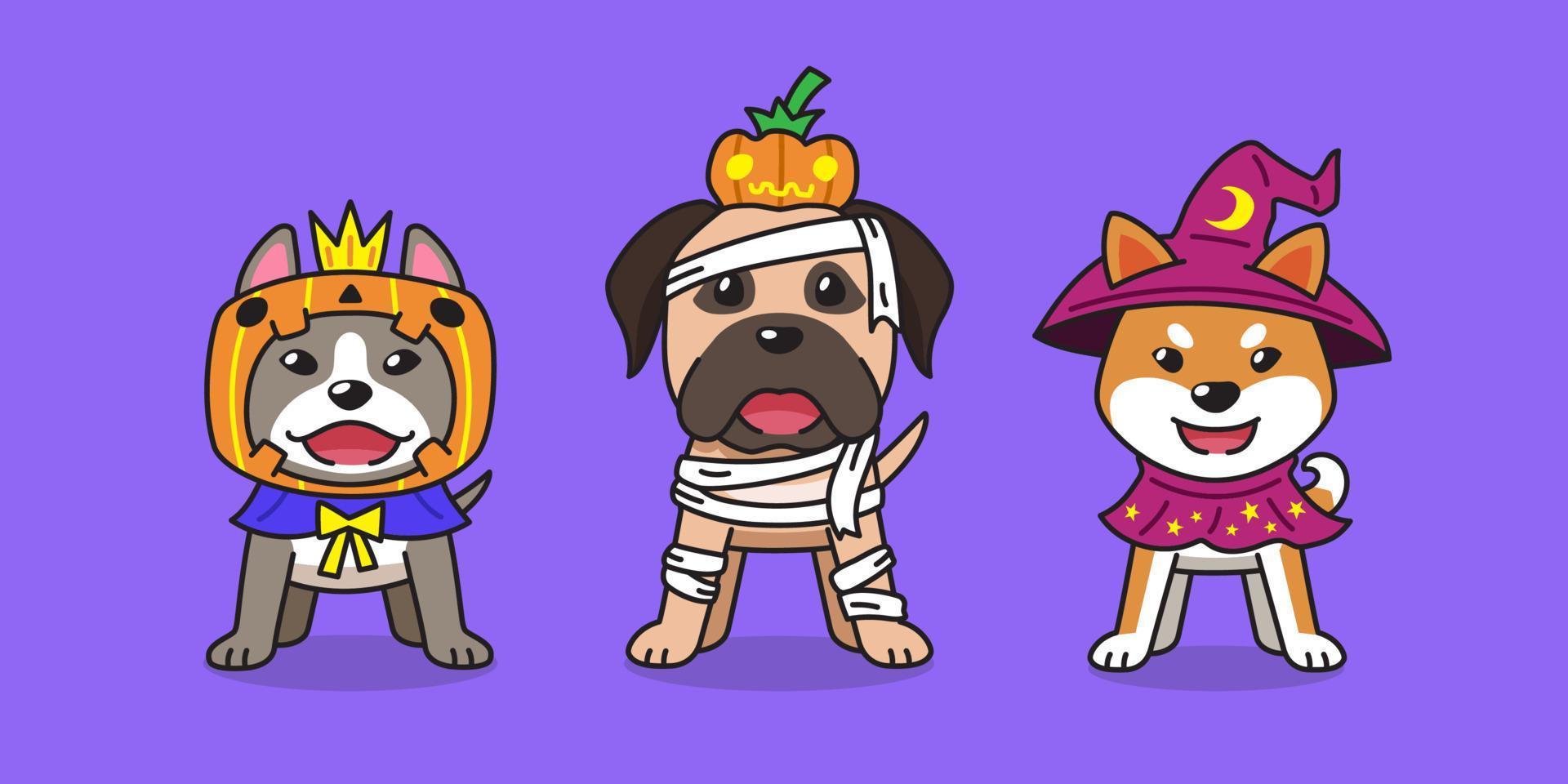 cães bonitos dos desenhos animados com fantasias de halloween para design. vetor