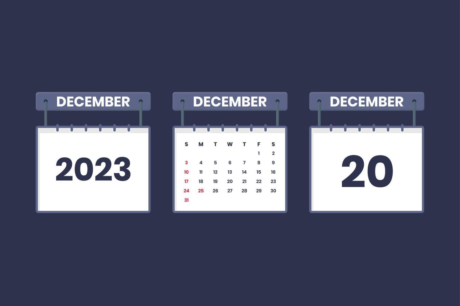 ícone de calendário de 20 de dezembro de 2023 para agendamento, compromisso, conceito de data importante vetor