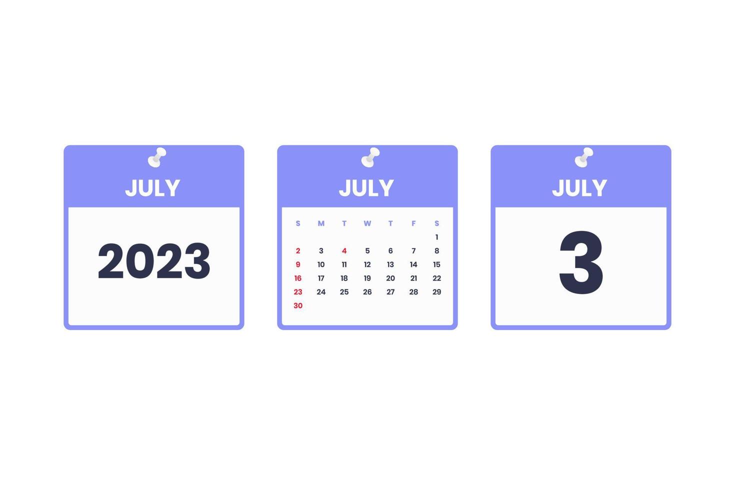 projeto de calendário de julho. ícone de calendário de 3 de julho de 2023 para agendamento, compromisso, conceito de data importante vetor