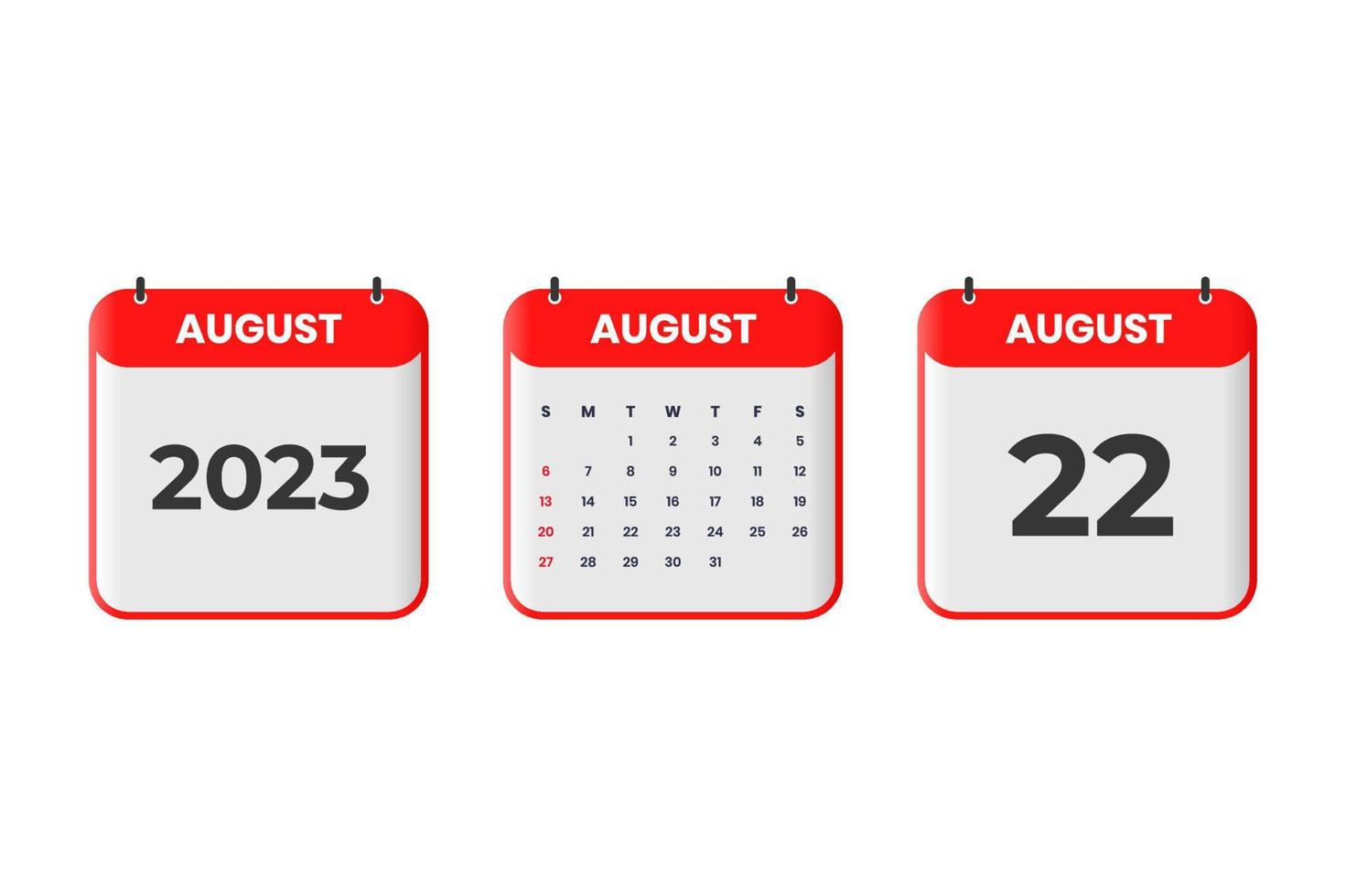 design de calendário de agosto de 2023. 22 de agosto de 2023 ícone de calendário para agendamento, compromisso, conceito de data importante vetor
