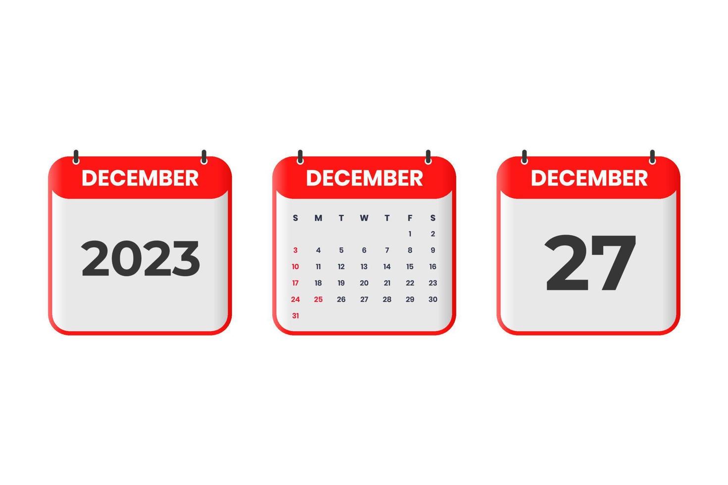 design de calendário de dezembro de 2023. 27 de dezembro de 2023 ícone de calendário para agendamento, compromisso, conceito de data importante vetor