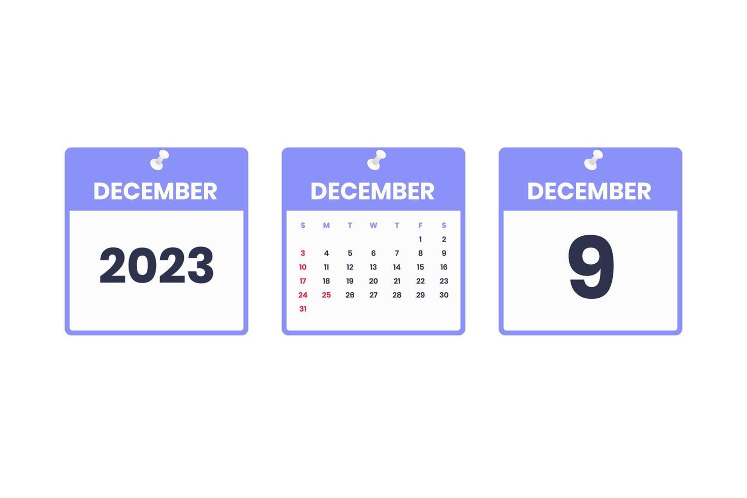 projeto de calendário de dezembro. ícone de calendário de 9 de dezembro de 2023 para agenda, compromisso, conceito de data importante vetor