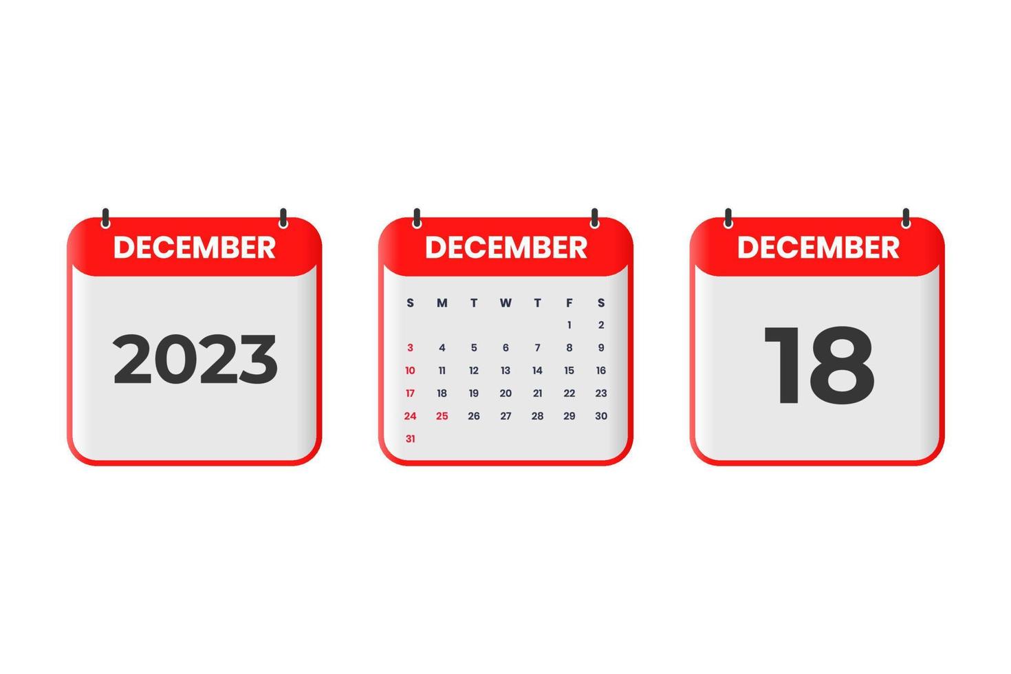 design de calendário de dezembro de 2023. 18 de dezembro de 2023 ícone de calendário para agendamento, compromisso, conceito de data importante vetor
