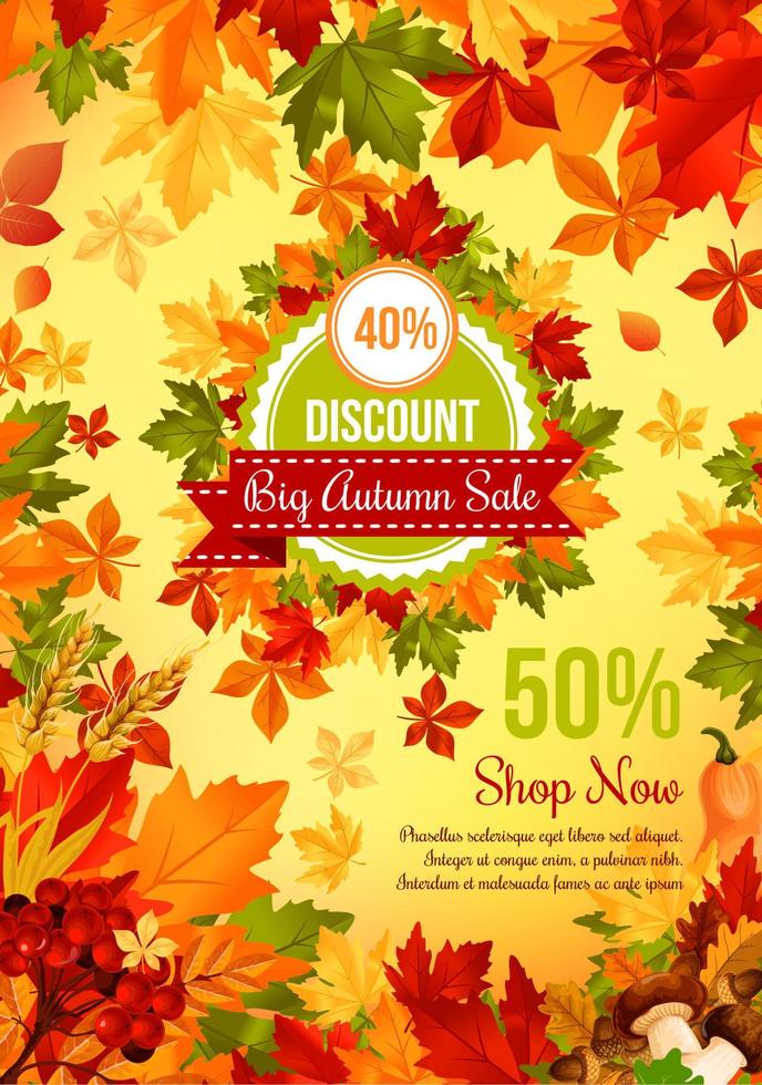 banner de oferta de desconto de venda de outono com folha de outono vetor
