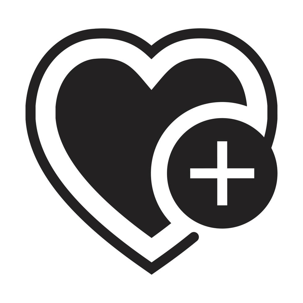 ícone de vetor plano uma forma de coração com sinal de adição ou símbolos favoritos para sites de aplicativos