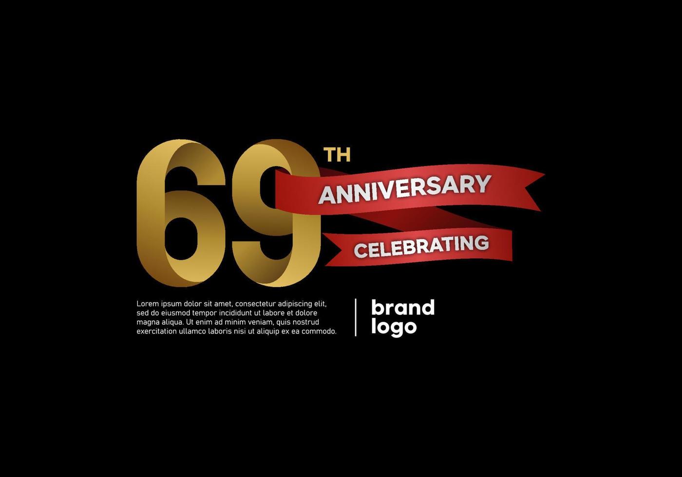 logotipo de aniversário de 69 anos em ouro e vermelho sobre fundo preto vetor