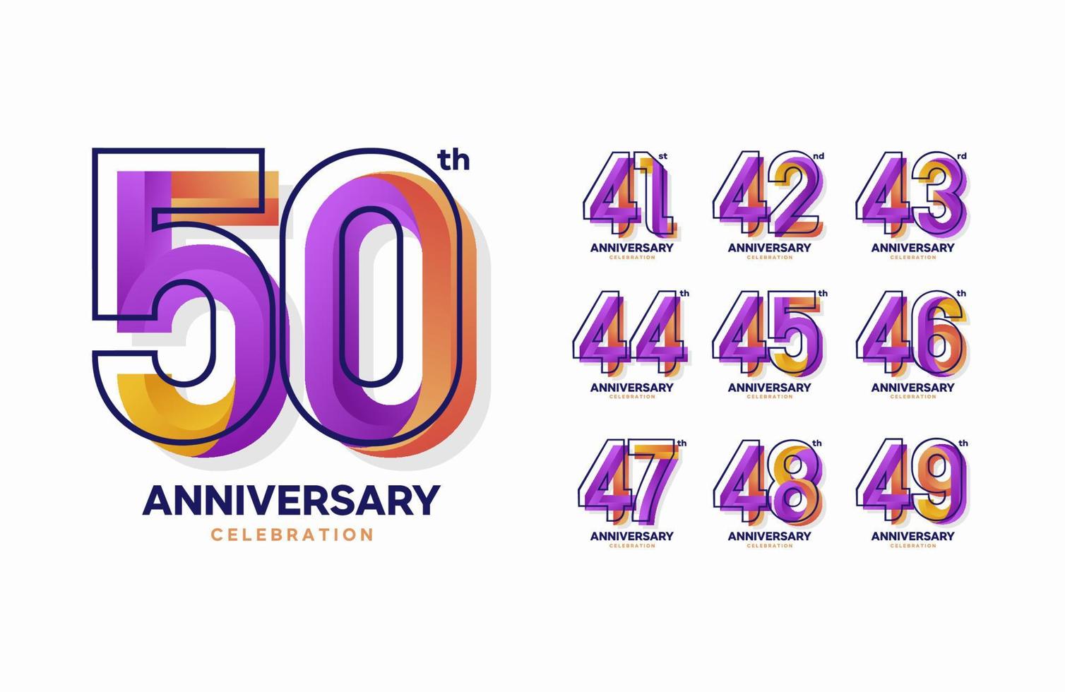 conjunto de logotipo de aniversário colorido. 41, 42, 43, 44, 45, 46, 47, 48, 49, 50 vetor