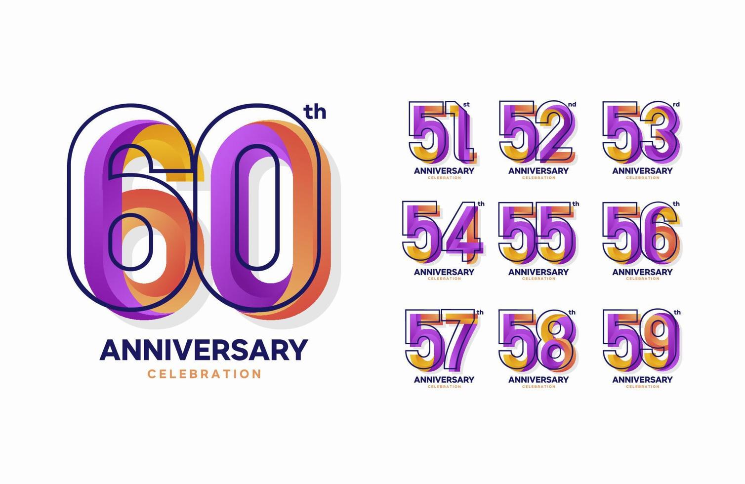 conjunto de logotipo de aniversário colorido. 51, 52, 53, 54, 55, 56, 57, 58, 59, 60 vetor