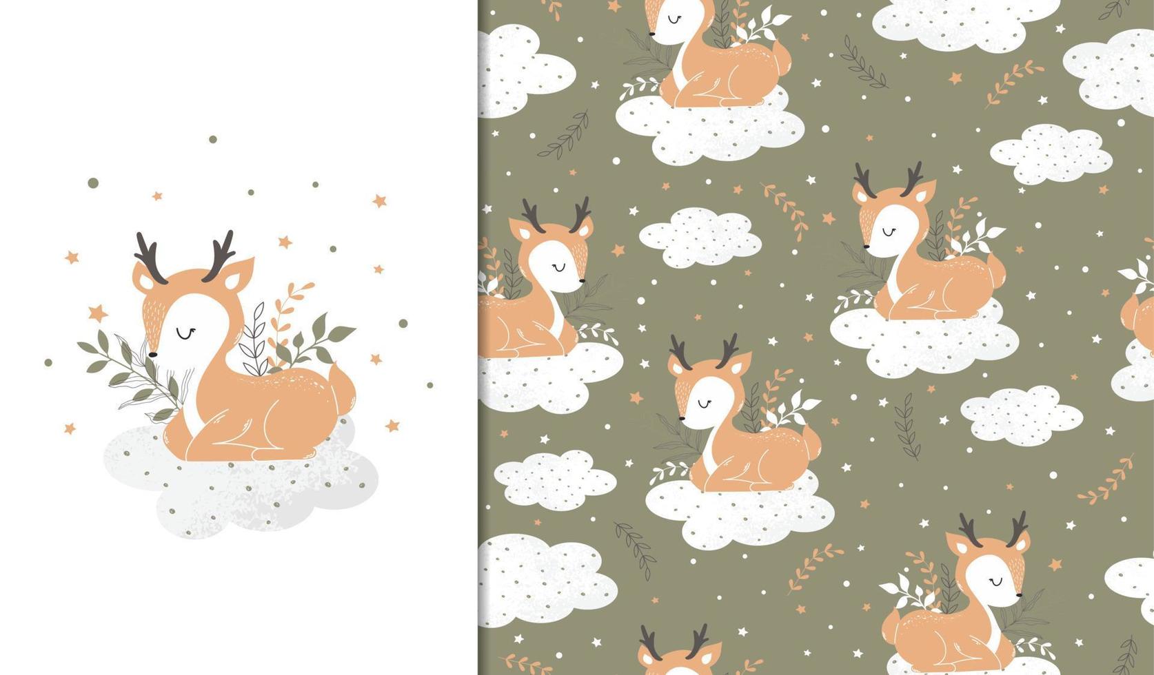 conjunto de cartazes e padrões perfeitos com uma rena da floresta. ilustração infantil para cartazes, têxteis. vetor