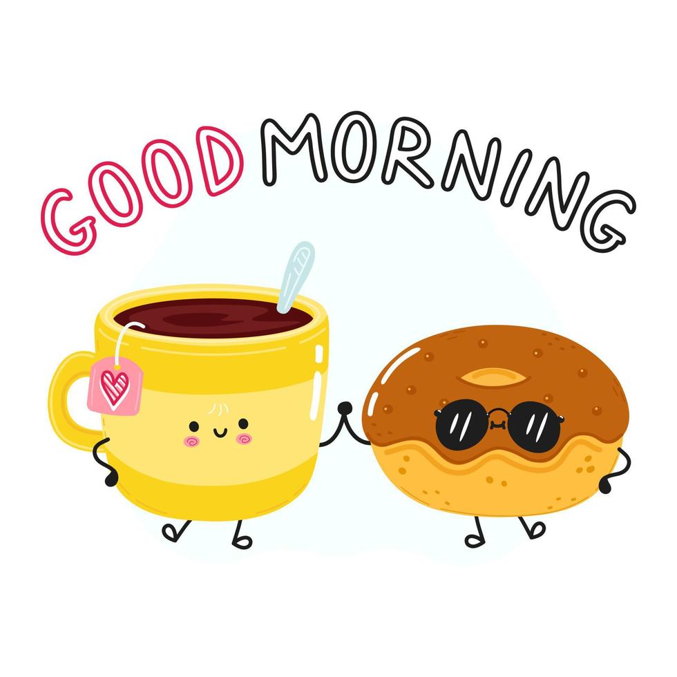 rosquinha feliz fofa e xícara de café. ilustração em vetor personagem de desenho animado. cartão de bom dia