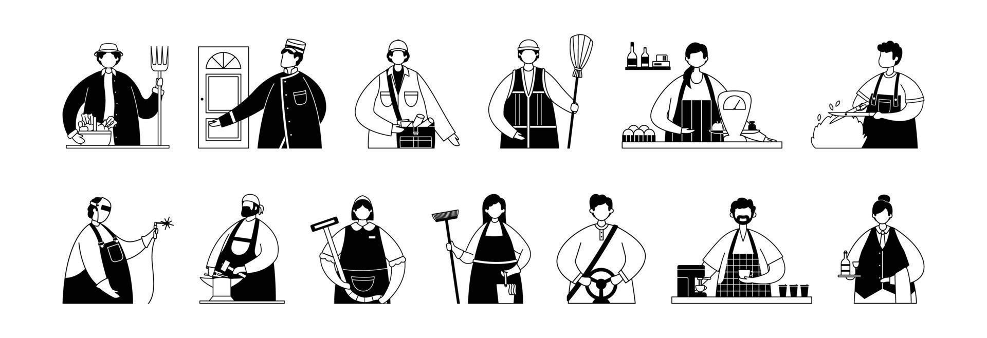 conjunto vetorial de ilustrações de trabalhadores de serviços profissionais e artesãos. arte de linha vetor