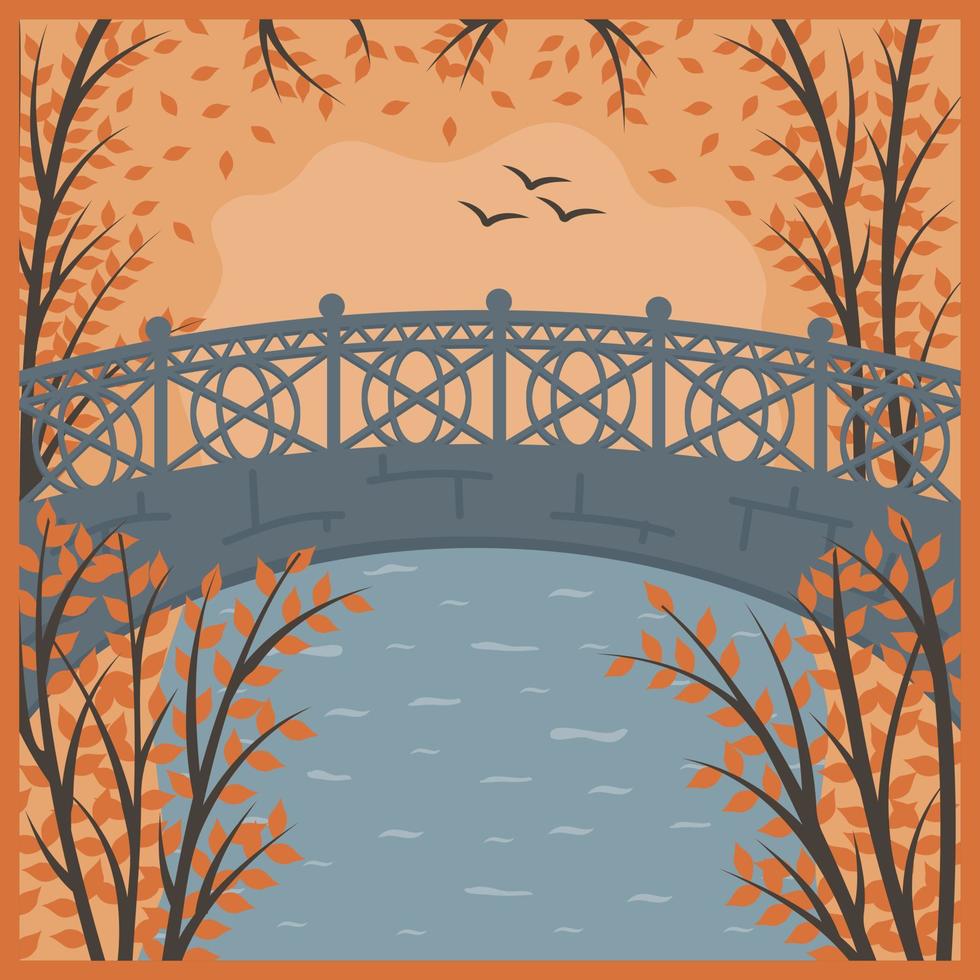 ponte de outono de paisagem no parque, ilustração multicamada de vetor de cores, corte de papel
