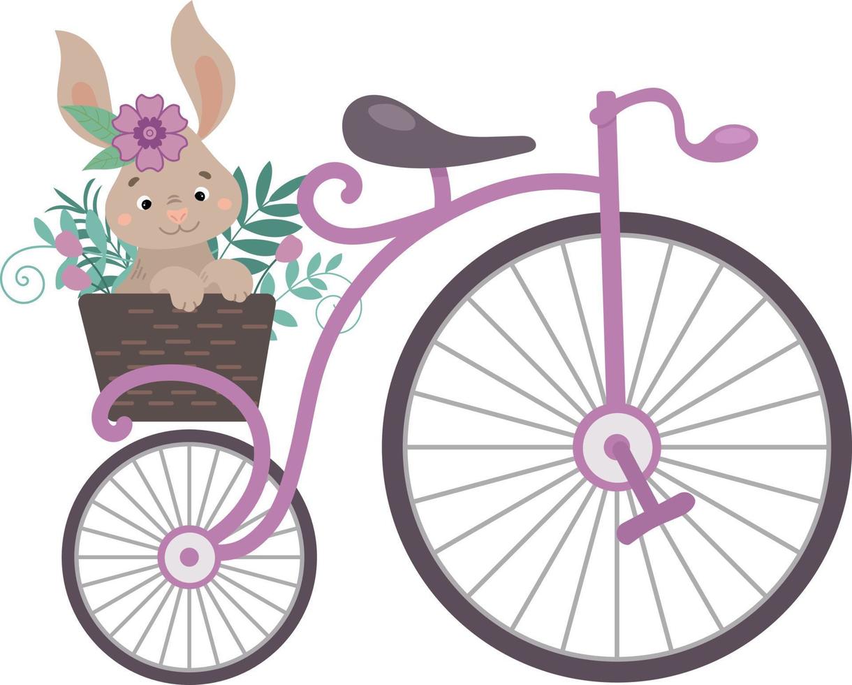 bicicleta vintage com uma cesta de flores e um coelho fofo. ilustração em estilo simples de desenho animado vetor