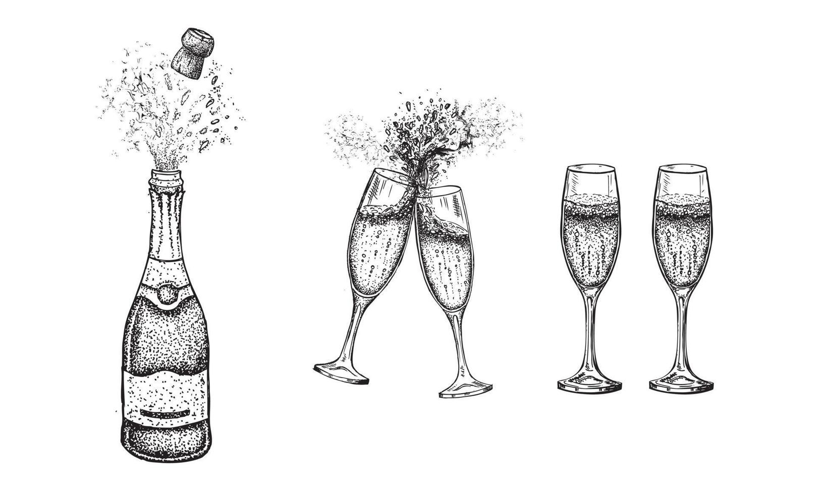taças de champanhe. garrafa de champanhe. ilustração em vetor de desenho à mão.
