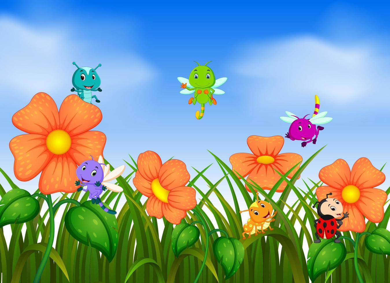 muitos insetos voando no jardim de flores vetor