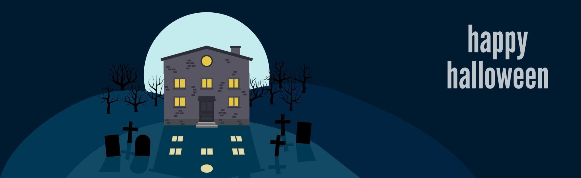 feliz Dia das Bruxas. banner festivo com uma casa solitária em um fundo de lua cheia à noite. ilustração vetorial. vetor