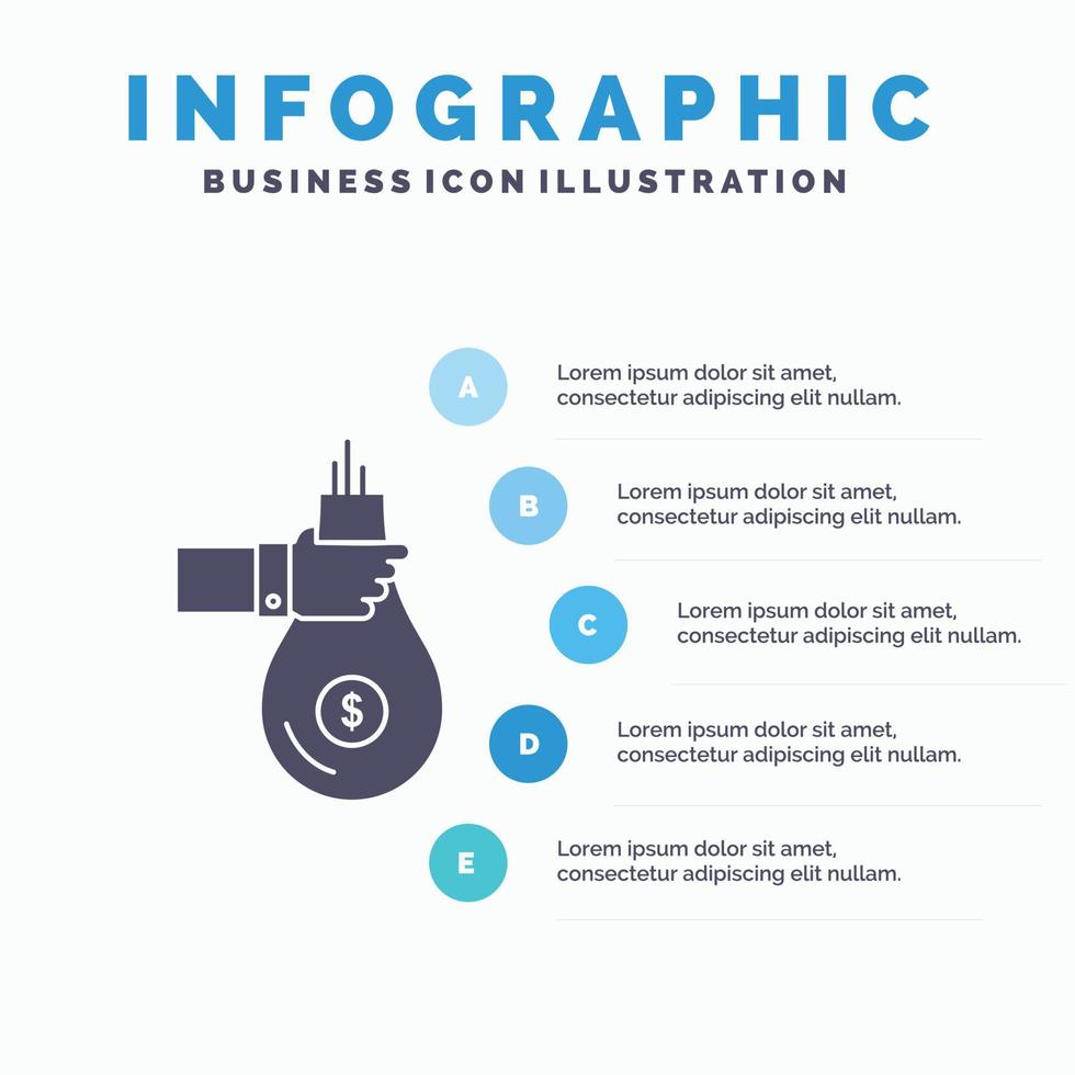 sacola. finança. dar. investimento. dinheiro. oferecer modelo de infográficos para site e apresentação. ícone de glifo cinza com ilustração em vetor estilo infográfico azul.