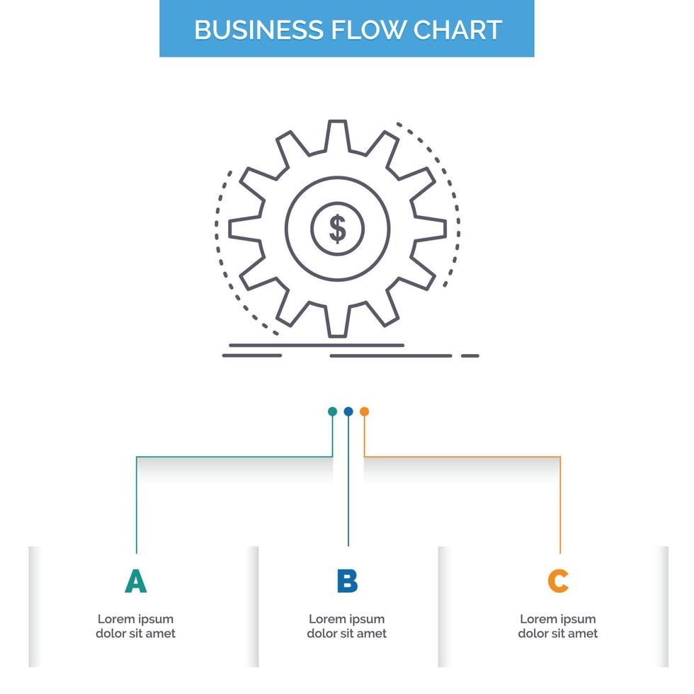 finança. fluxo. renda. fazer. design de fluxograma de negócios de dinheiro com 3 etapas. ícone de linha para modelo de plano de fundo de apresentação lugar para texto vetor
