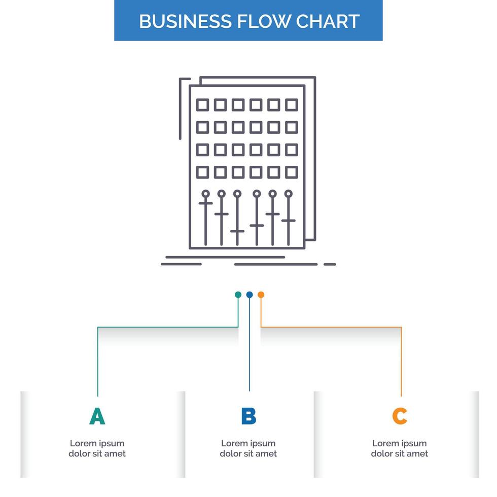 áudio. ao controle. misturar. misturador. design de fluxograma de negócios de estúdio com 3 etapas. ícone de linha para modelo de plano de fundo de apresentação lugar para texto vetor