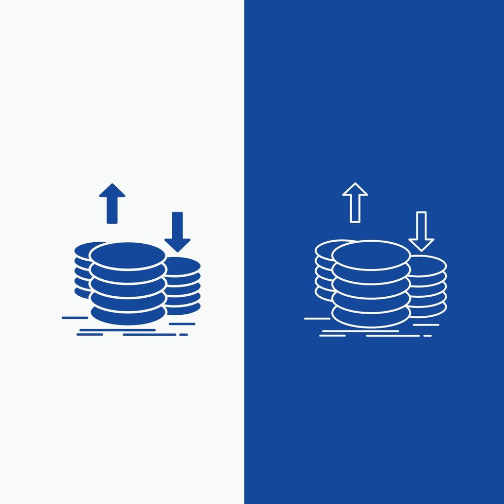 moedas. finança. capital. ouro. linha de renda e botão web glifo em banner vertical de cor azul para ui e ux. site ou aplicativo móvel vetor