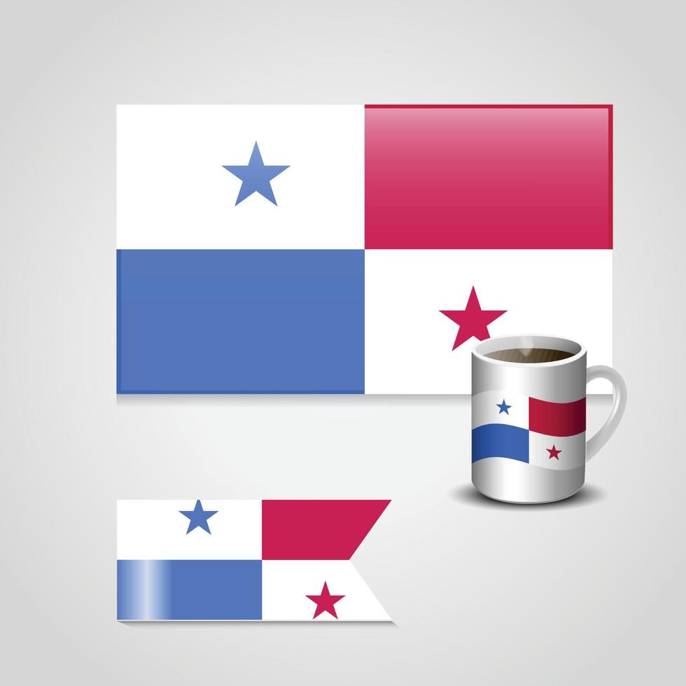 bandeira do panamá impressa na xícara de café e pequena bandeira vetor